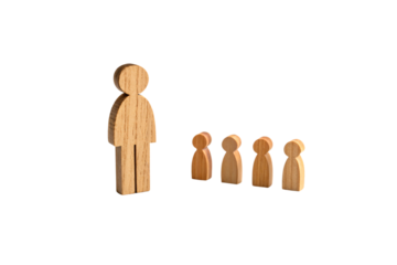 A large wooden figure stands before four smaller wooden figures. The scene symbolizes authority, leadership, teaching, or guidance, portraying a mentor, boss, isolated on a transparent background