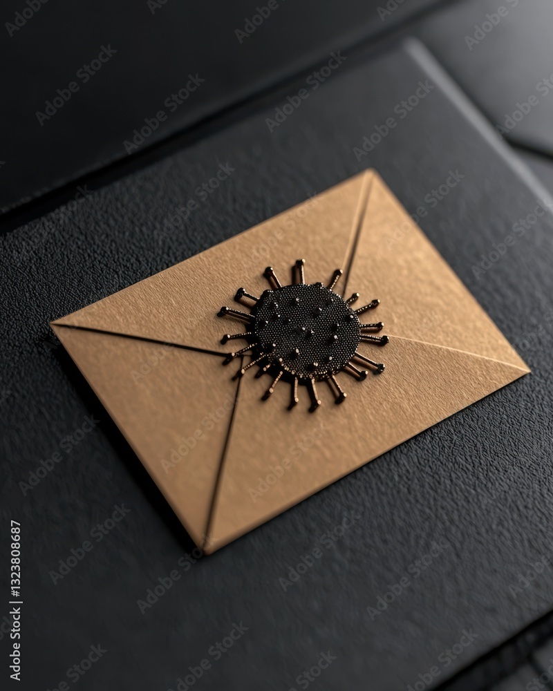 Poster elegant bronze envelope design featuring intricate virus motif on textured black background for mode