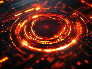 Sci-fi digital interface with bright red circular core and data streams for IT security, artificial intelligence, and data flow