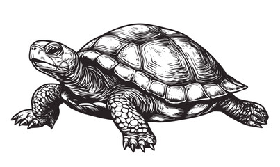 Fototapeta premium Tortoise drawing with detailed shell and proportions, vector style, linear icons set.