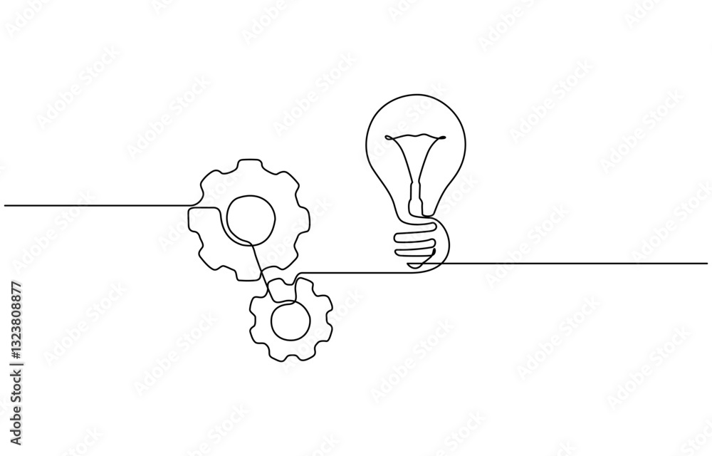 Wall mural single continuous line symbol of machine wheel gears and light bulb vector illustration, continuous 