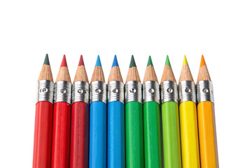 A row of brightly colored pencils, each capped with silver ferrules, creating a bold contrast between vivid hues and metallic details, isolated on a transparent background