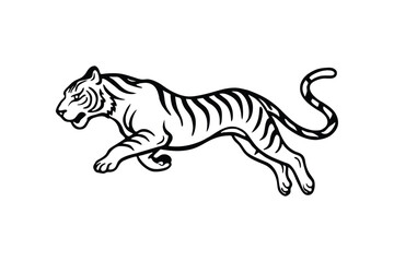 A black and white illustration of a tiger leaping forward.eps