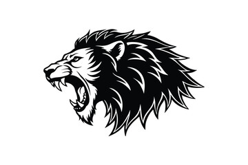 A black and white illustration of a roaring lion with mouth open wide revealing sharp teeth.eps