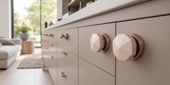 Modern mocha mousse drawer knobs with faceted geometric designs and soft matte textures mounted on taupe storage cabinets. The scene