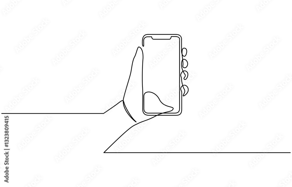 Poster one continuous line drawing of hands holding and touch the screen of smartphone, continuous one line