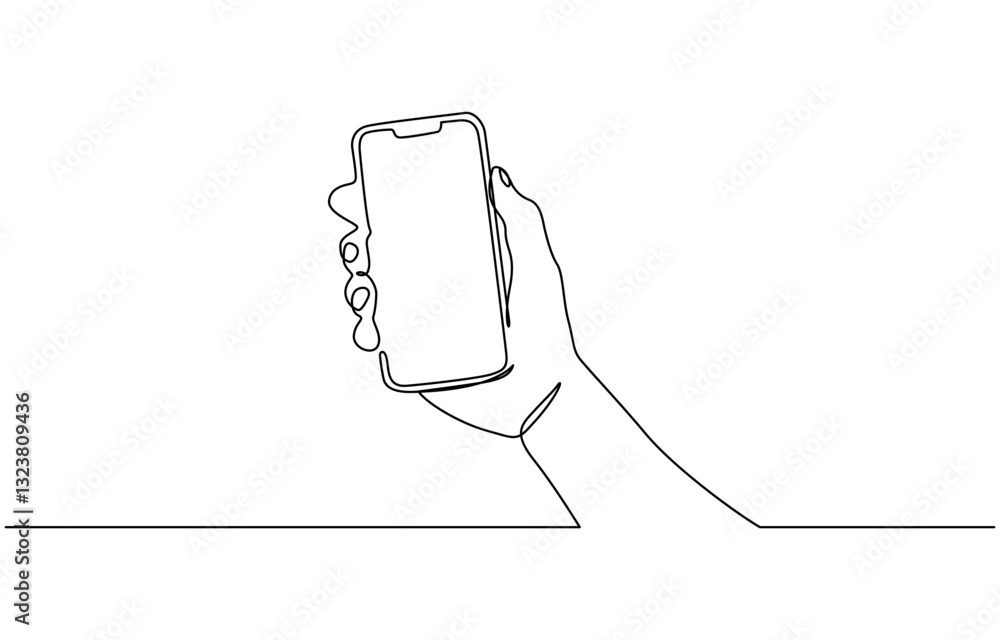 Poster one continuous line drawing of hands holding and touch the screen of smartphone, continuous one line