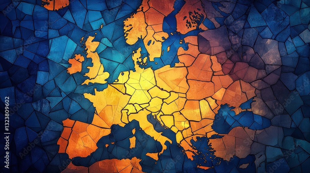Poster abstract map of a continent in vibrant colors showcasing geographical regions with artistic patterns