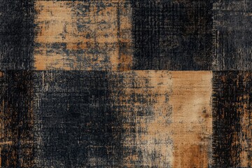 Obraz premium Seamless carpet textured fabric pattern featuring a mix of dark blue, black, and warm beige tones, arranged in a patchwork style. The surface has a distressed look.