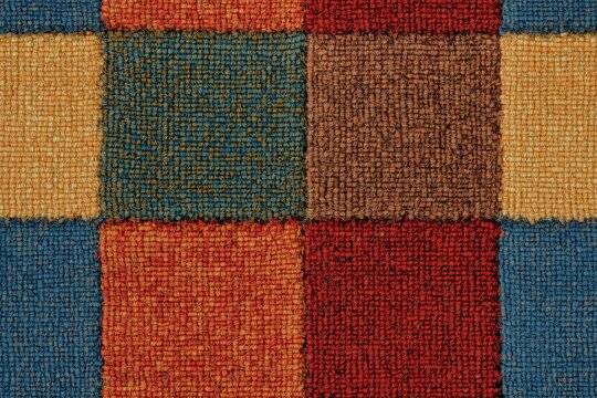 Seamless carpet fabric colorful woven rug featuring a patchwork design with squares in various colors including blue, orange, brown, and yellow.