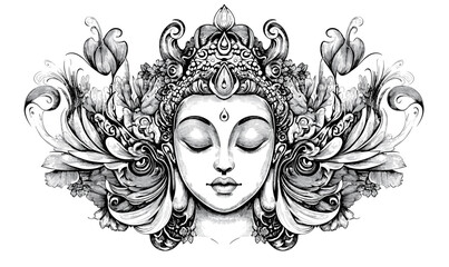 Buddha head design with floral ornaments, monochrome vector, linear icons set.