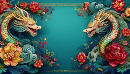 Obraz premium beautiful majestic chinese dragon with vibrant colorful flowers 