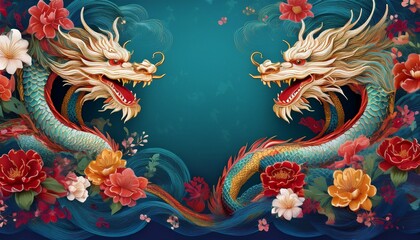 Obraz premium beautiful majestic chinese dragon with vibrant colorful flowers 
