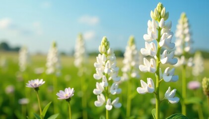 White lupine flowers in a field with other wildflowers, natural, flower