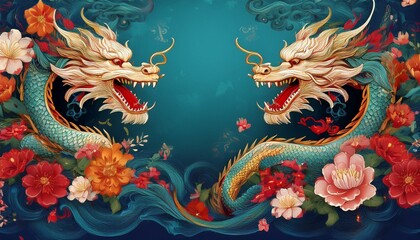 Obraz premium beautiful majestic chinese dragon with vibrant colorful flowers 