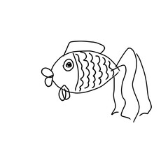 A simple black and white illustration of a fish with a rounded body, fins, and detailed scales.