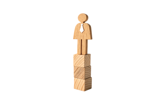 A wooden figure of a businessman with a tie, standing on three stacked wooden blocks, symbolizing success, leadership, and career growth, isolated on a transparent background