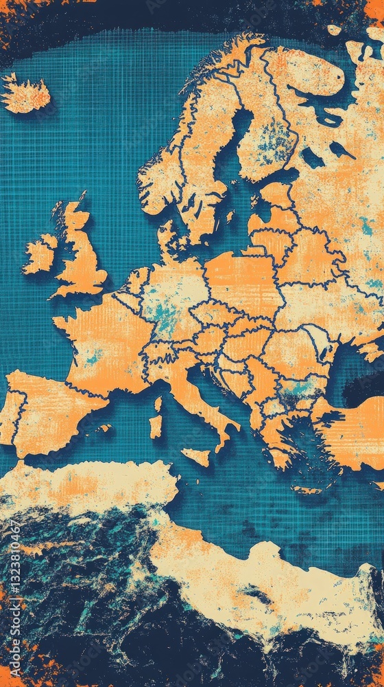 Poster artistic map of europe with textured effect. blue and orange colors create a stylized representation
