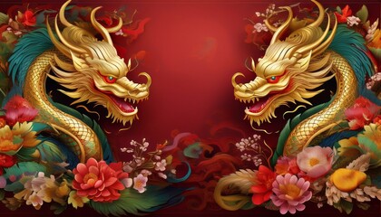 Obraz premium beautiful majestic chinese dragon with vibrant colorful flowers 