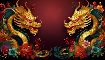 beautiful majestic chinese dragon with vibrant colorful flowers	
