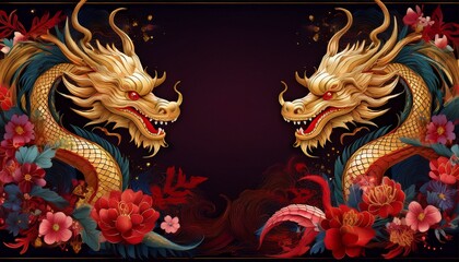 Fototapeta premium beautiful majestic chinese dragon with vibrant colorful flowers 