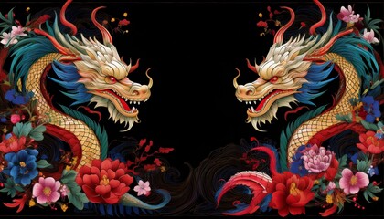 Fototapeta premium beautiful majestic chinese dragon with vibrant colorful flowers 