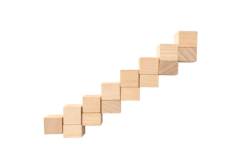 An intricate arrangement of light wooden cubes forming a layered, geometric staircase pattern, emphasizing balance, repetition, and structural precision, isolated on a transparent background