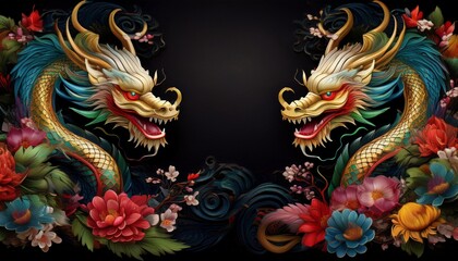 Fototapeta premium beautiful majestic chinese dragon with vibrant colorful flowers 