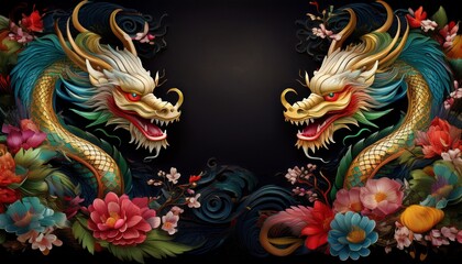 Obraz premium beautiful majestic chinese dragon with vibrant colorful flowers 