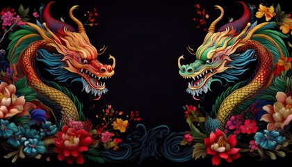 Fototapeta premium beautiful majestic chinese dragon with vibrant colorful flowers 