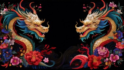 Obraz premium beautiful majestic chinese dragon with vibrant colorful flowers 