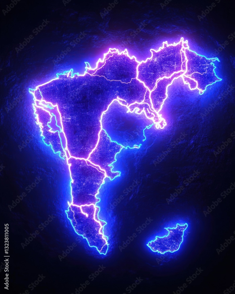 Poster abstract glowing map outline in neon blue and pink against a dark background with sparkling particle