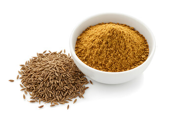 Ground Cumin and Whole Cumin Seeds in White Bowl, Simple Spices Composition