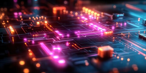 High Bandwidth Data Transfer Circuit with Glowing Neon Activation in Cyberpunk Design