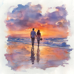 Watercolor painting of a couple walking hand in hand on a beach at sunset