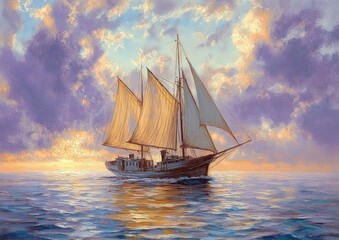 Fototapeta premium Seascape Painting Vintage Sailboat Impressionist Artwork Soft Pastel Colors Dynamic Sky Water Reflection