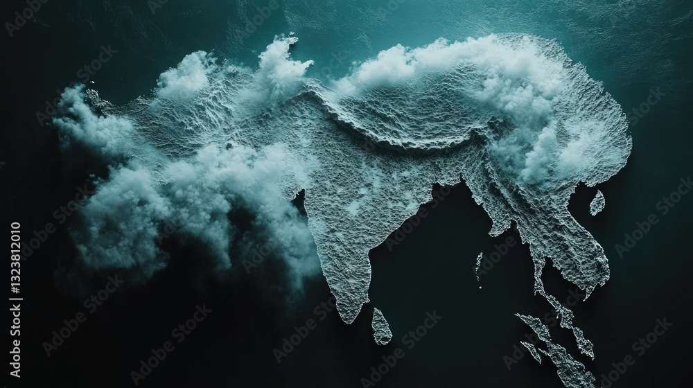 Poster abstract map of eurasia with volumetric clouds and pixelated design on dark blue background