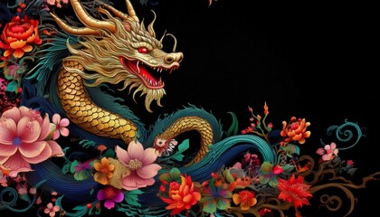 Obraz premium beautiful majestic chinese dragon with vibrant colorful flowers 