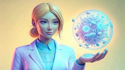 A female doctor examines a holographic microbiome model in a clinical setting.