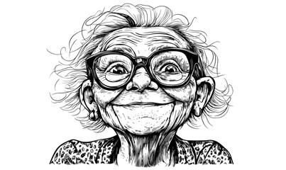 Elderly person with glasses and a smiling expression, linear icons set, vector style.