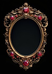 Ornate gold frame with rubies, oval mirror, black background, elegant design, ideal for portraits