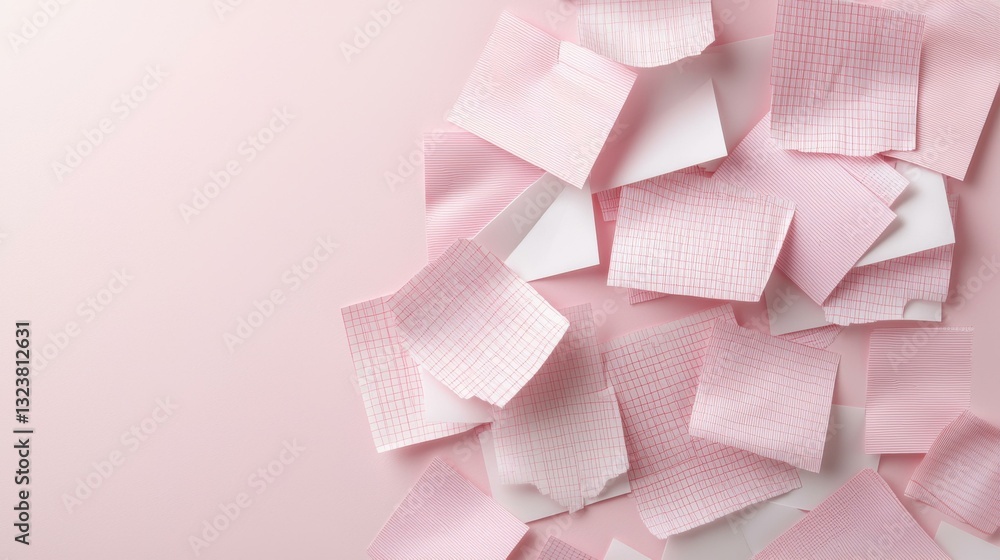 Aufkleber scattered pink paper sheets on a pastel background creating a soft and artistic composition.
