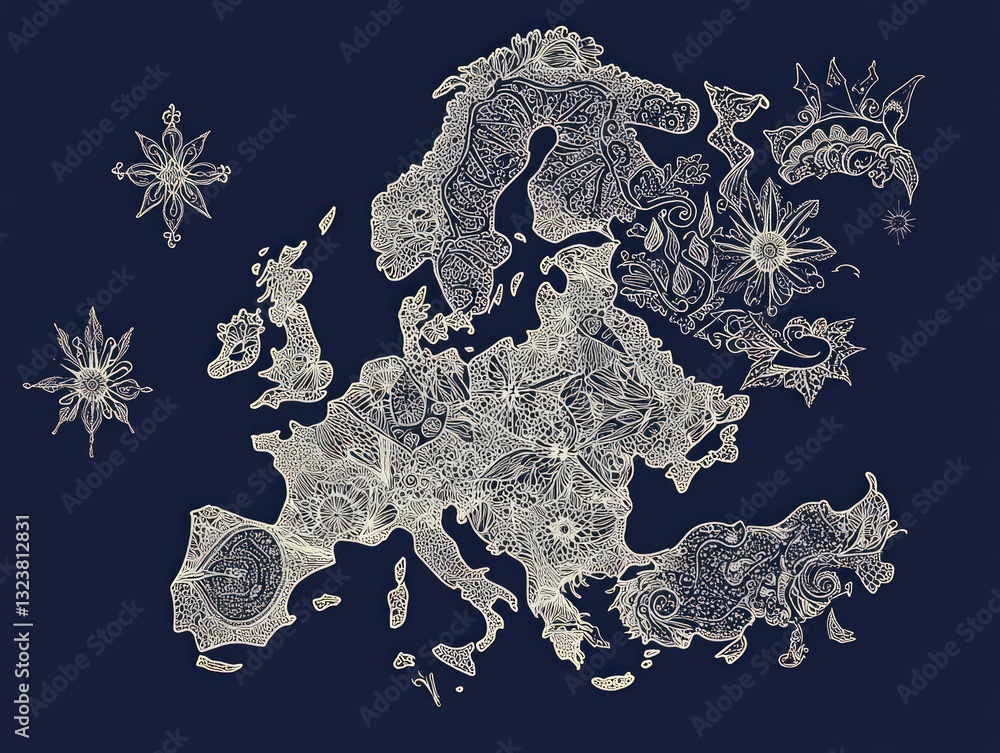 Poster abstract map of europe with surrounding shapes in a pointillistic style against a dark blue backgrou
