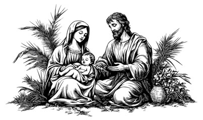 Holy family with baby jesus, mary, and joseph - religious linear icons set. © Влада Яковенко