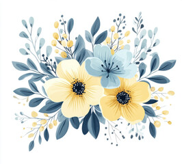beautiful floral arrangement featuring yellow and blue flowers, surrounded by green leaves and delicate branches, creating serene and cheerful atmosphere
