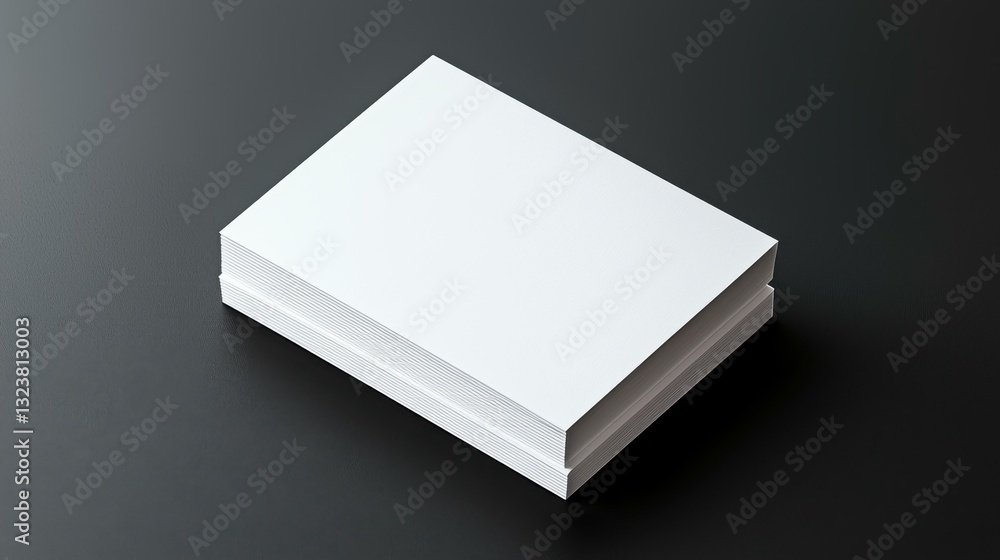 Poster stack of pristine white paper sheets on a sleek dark background, ideal for design and office use.
