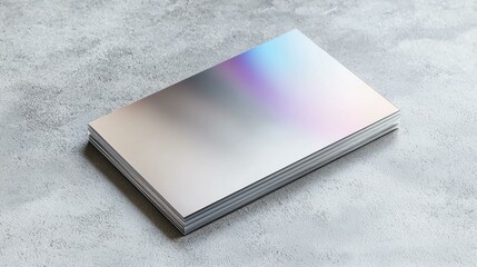 Stack of glossy holographic business cards on a textured concrete surface, displaying a modern and stylish design.