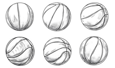 Obraz premium Set of six hand-drawn basketball icons in linear style, vector.
