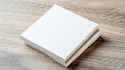 Fototapeta premium Stack of white cardboard on wooden table, perfect for design and creative projects.