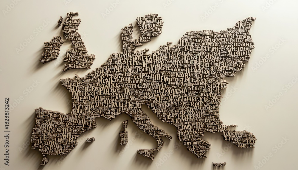 Poster abstract map of a continent constructed from small rectangular elements. the composition features a 